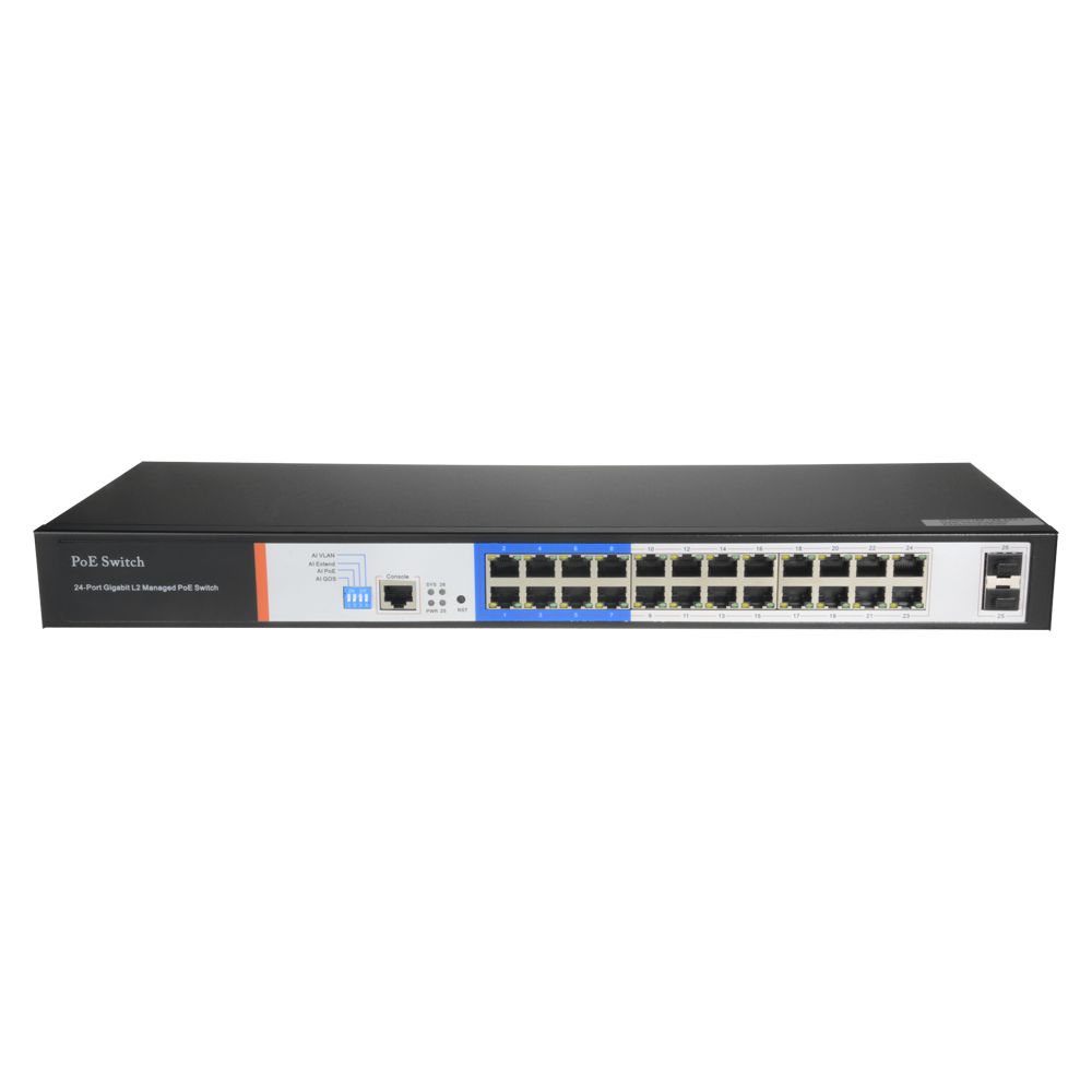 Switch PoE - 24 porte PoE + 2 Gigabit SFP - Velocità  10/100/1000 Mbps - 46 W per porta 802.3af/at / Massimo 250W - VLAN/STP/RSTP/MSTP/ACL/QoS/802.1X - LACP/Static LAG/DHCP Snooping/IGMP Snooping