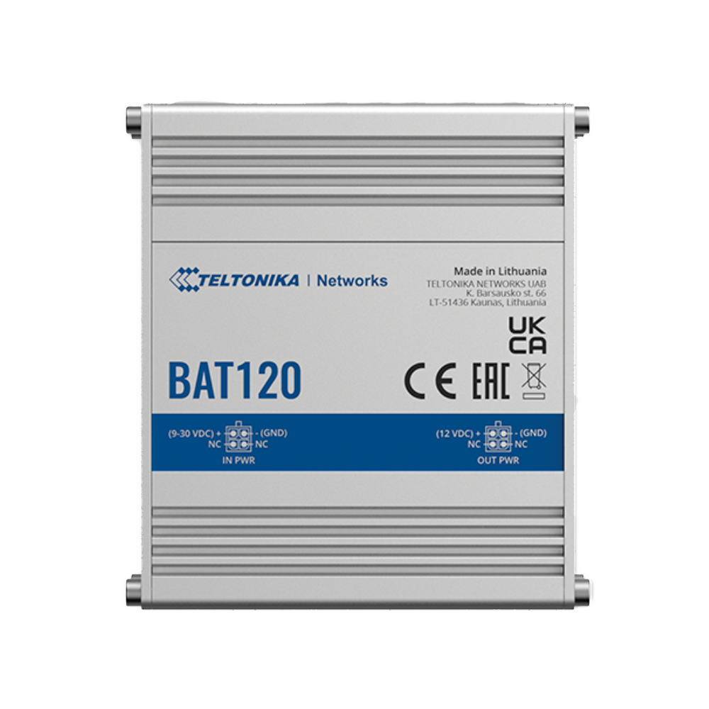 Teltonika UPS - Tensione in ingresso 9 - 30 VDC / Uscita 9 - 30 VDC - Protezione contro l'inversione di polarità  - Protezione dalle sovratensioni - 2 Batterie agli ioni di litio 8650 (incluse) - Capacità  della batteria 2300 mAh 17 Wh