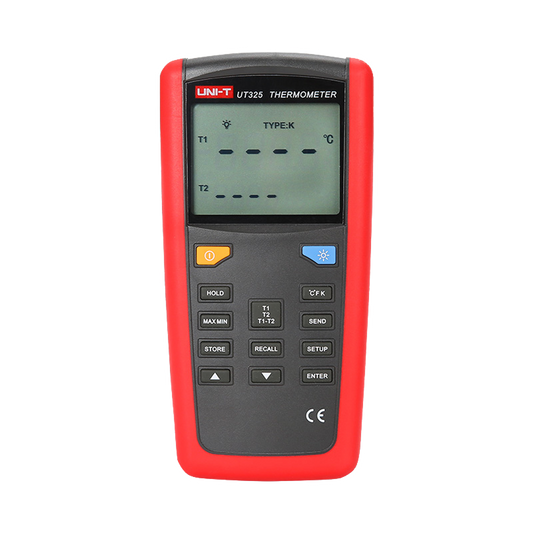 Termometro con sonde di tipo K, J, T, E, R, S e N - Tipo di visualizzazione Doppia - Valori in °C, K e °F | Archiviazione dati - Alta precisione | Allarmi di valore massimo e minino - Spegnimento automatico