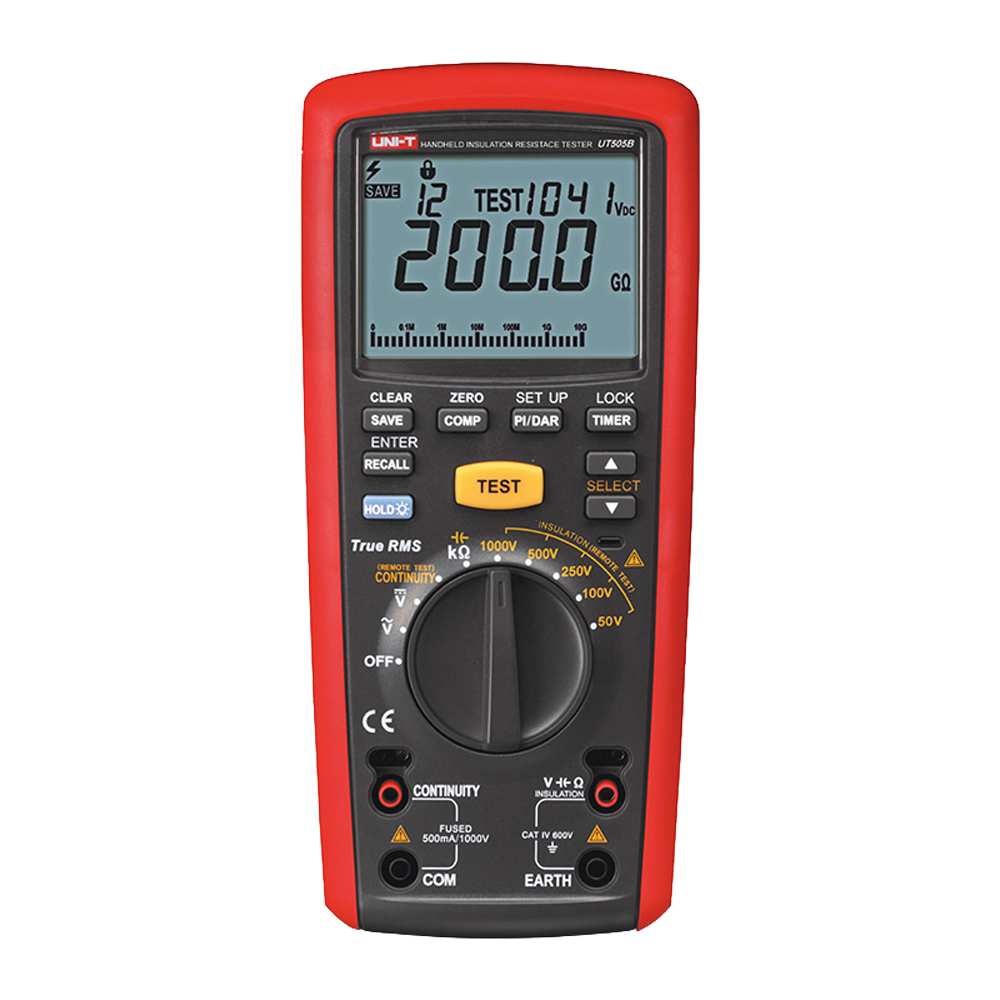 Misuratore di resistenza di isolamento - Multimetro per tensioni AC e DC fino a 600V - Intervalli 50/100/250V/500V/1000V - Misura resistenza, capacitanza e frequenza - Spegnimento automatico - Permette di misurare la temperatura