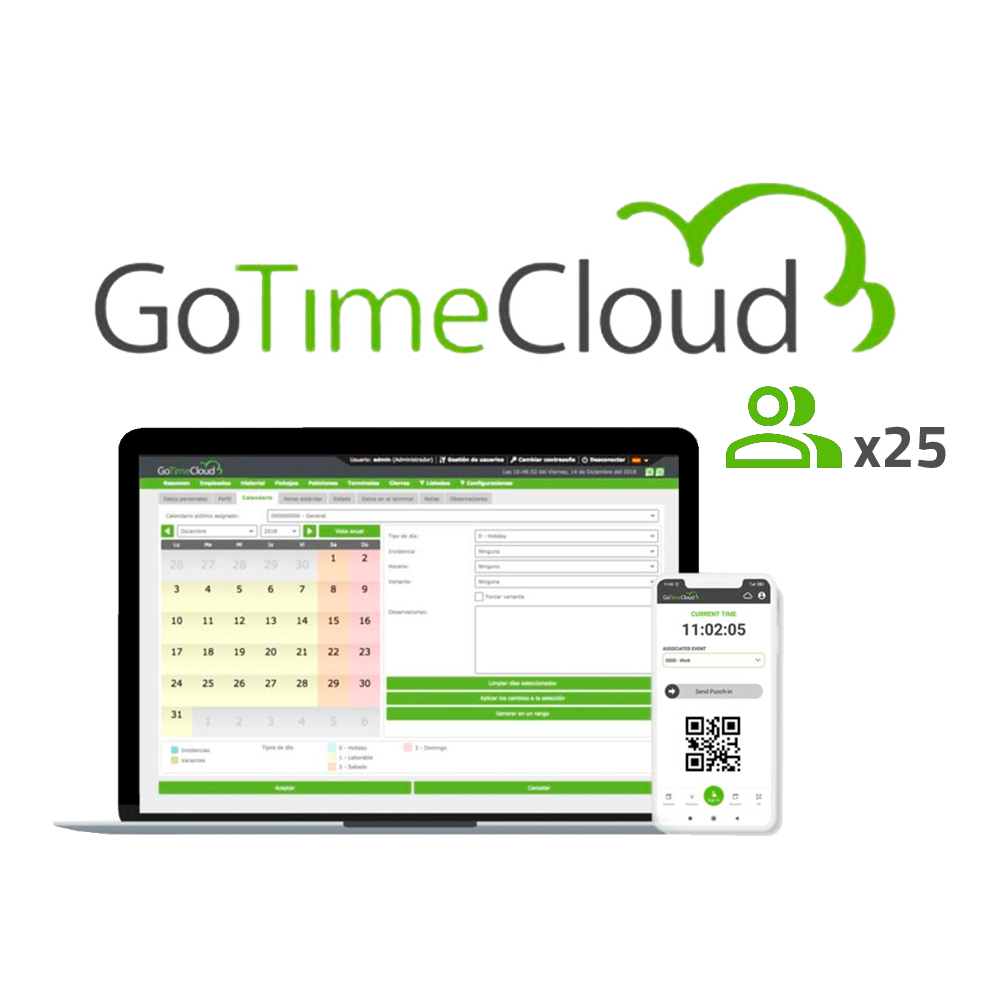 Licenza per il controllo accessi e presenze - Basato su Cloud | Pagamento annuale - Pacchetto di 25 utenti - Monitoraggio da remoto con localizzazione GPS - Generazione ed esportazione di diversi report - Multilingue | Funzioni avanzate