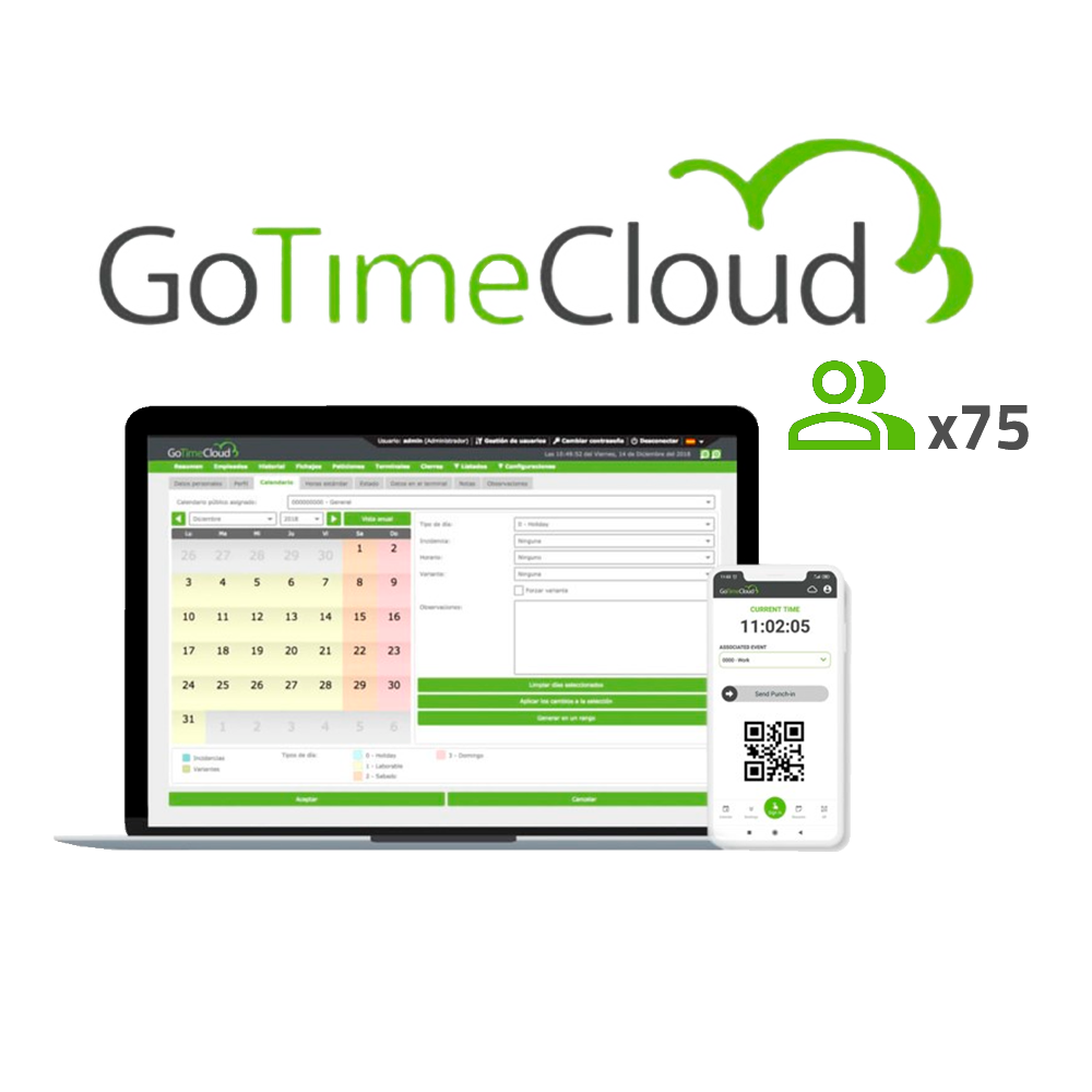 Licenza per il controllo accessi e presenze - Basato su Cloud | Pagamento annuale - Pacchetto di 75 utenti - Monitoraggio da remoto con localizzazione GPS - Generazione ed esportazione di diversi report - Multilingue | Funzioni avanzate