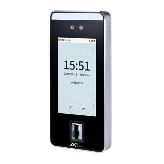 Controllo accessi e presenze - Riconoscimento facciale, del palmo della mano, impronta digitale, scheda EM e PIN - 6.000 volti | 200.000 registri - 5" TFT tattile | TCP/IP, WiFi, RS485 e Wiegand - Soft. Accessi: ZKBioAccess | ZKBioCV - Soft. Presenza: ZKBioTime8 | GoTimeCloud