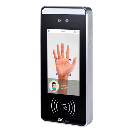 Controllo accessi e presenze - Riconoscimento facciale, palmo della mano, scheda EM/MF e PIN - 6.000 volti | 200.000 registri - 5" TFT tattile | TCP/IP, WiFi, RS485 e Wiegand - Soft. Accessi: ZKBioAccess | ZKBioCV - Soft. Presenza: ZKBioTime8 | GoTimeCloud