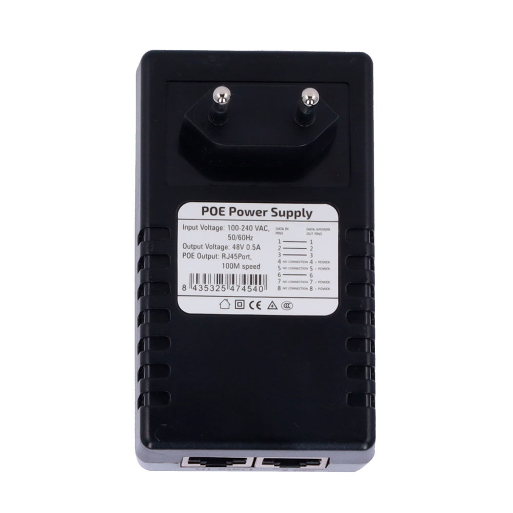 Iniettore PoE da parete - Ingresso/Uscita RJ45 10/100 Mbps - Potenza 15 W - Distanza massima 100 m - INJ-POE-15W-P